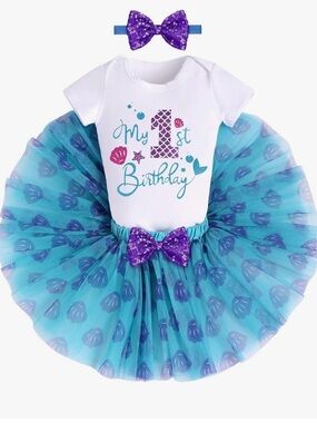 My 1st Birthday Mermaid Tutu Outfit with Purple Bows